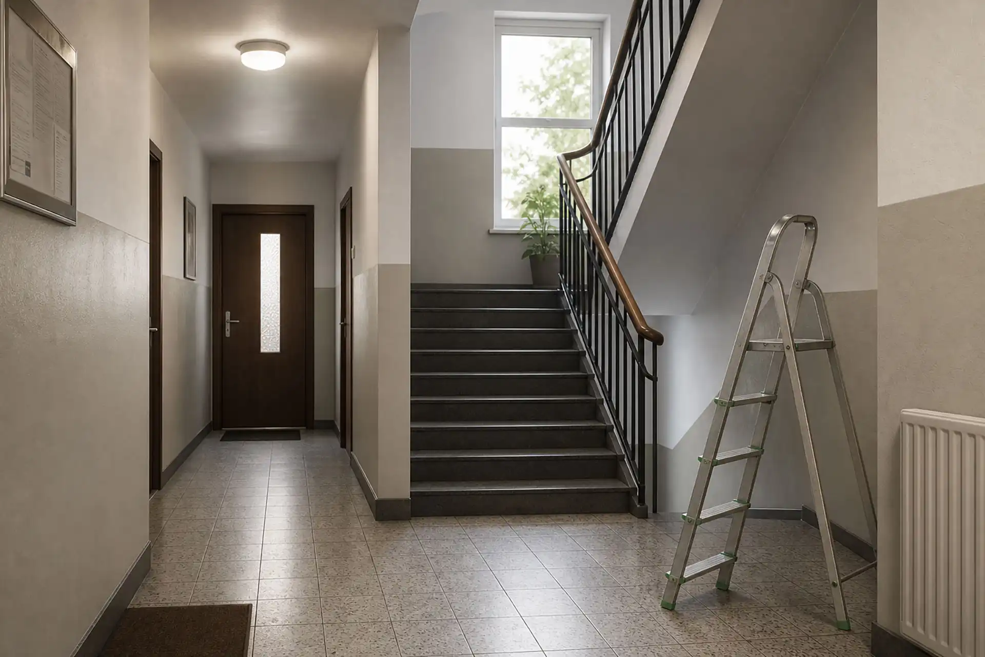 Hausmeisterei und Gartenpflege Kröhl - – in München und rund um den Ebersberger Forst. Zuverlässig für Haus, Hof und Garten. Treppenahus Mehrfamilienhaus - Leiter für Reparaturarbeiten - Objekte zuverlässig betreut Laufende Kontrollen, Pflege und Betreuung von Wohnanlagen und Immobilien – zuverlässig und persönlich.